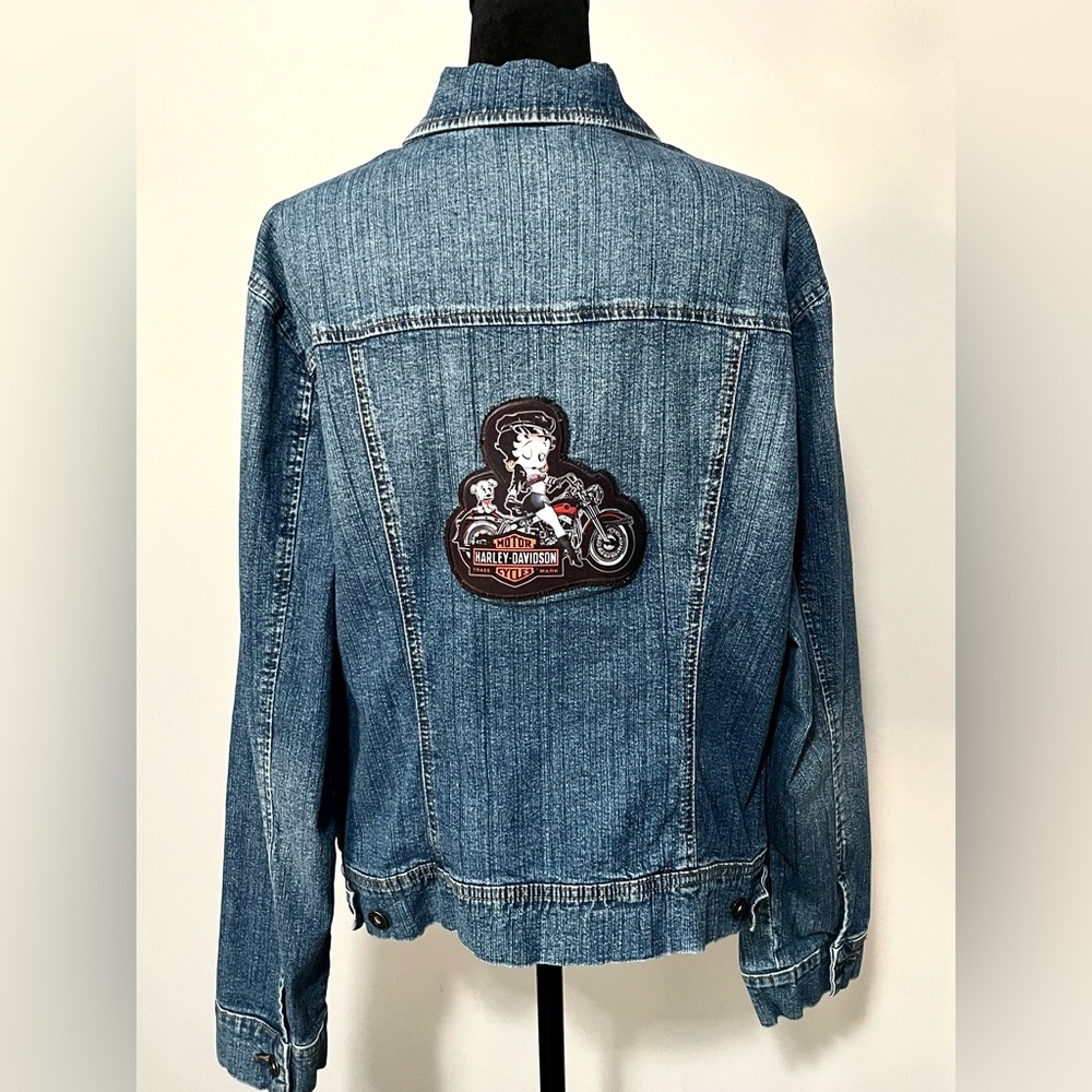 Vintage Upcycled Denim Trucker Jacket Harley Davidson Betty Boop Patch Women XL